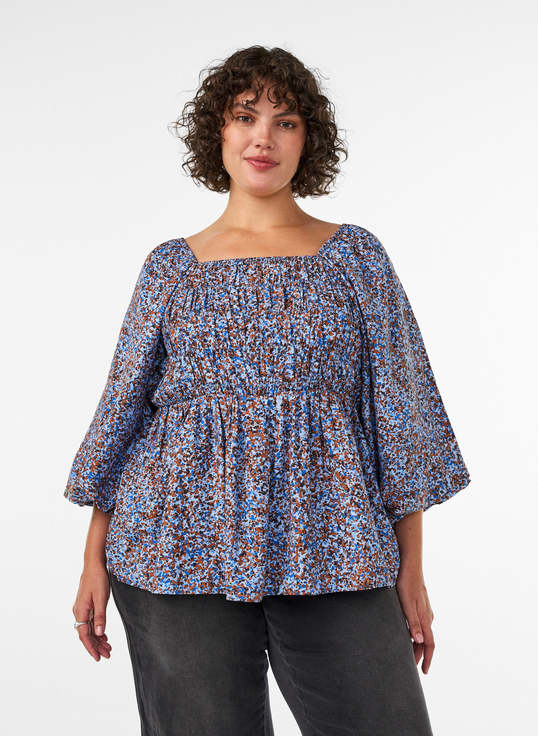 Blouse met smock en vierkante halslijn, Blauw, Model