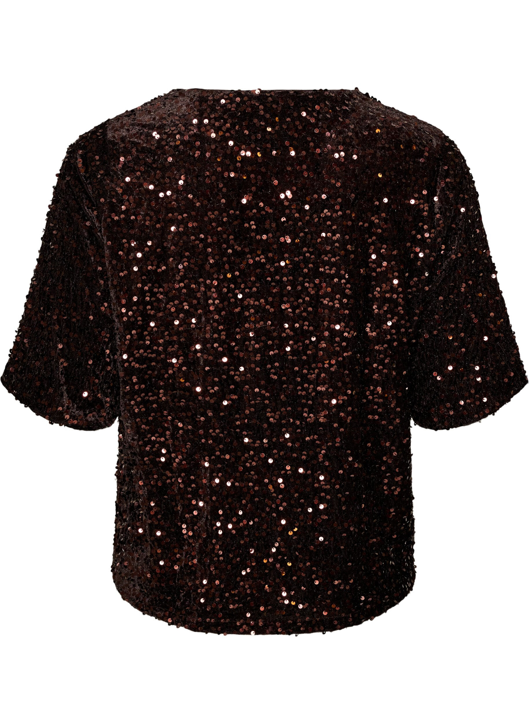 ZizziPaillettenblouse met mouwen tot de elleboog, Bruin, Packshot image number 1