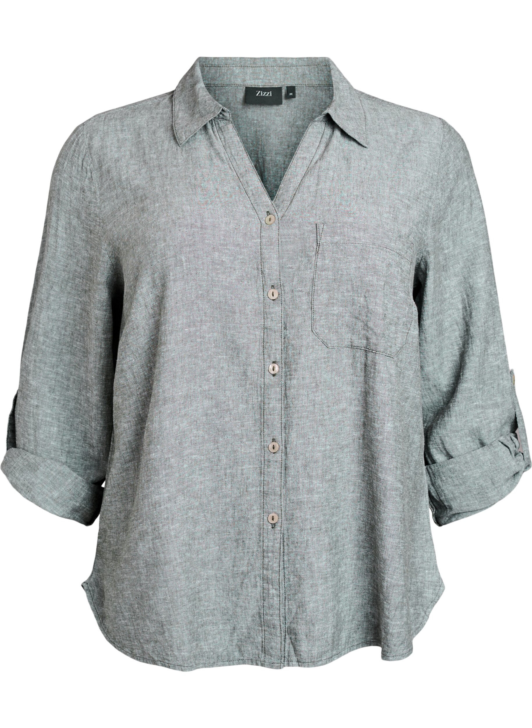 Zizzi Linnen en viscose shirt met 3/4 mouwen, Groen, Packshot image number 0