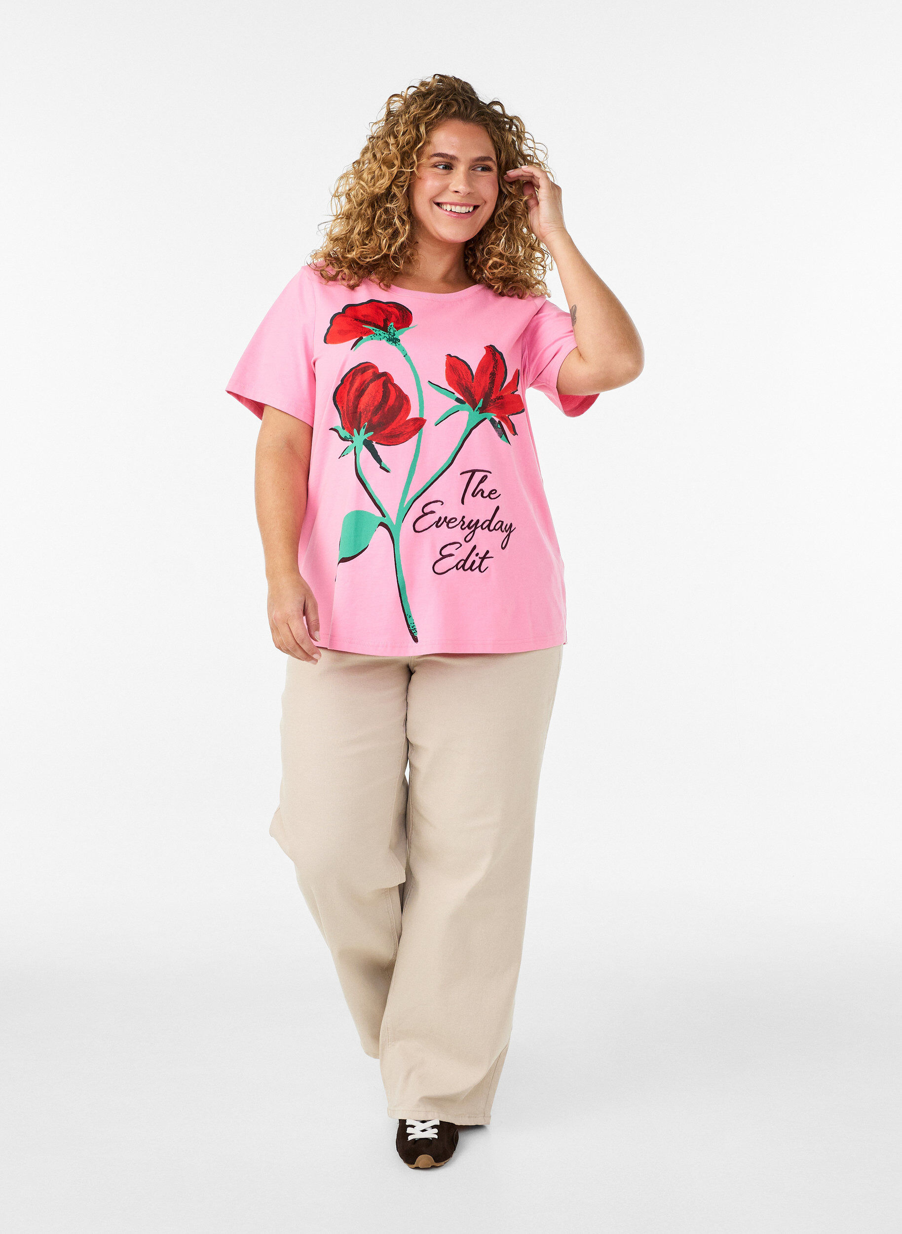ZizziKatoenen T-shirt met print aan de voorkant, Roze, Model image number 1