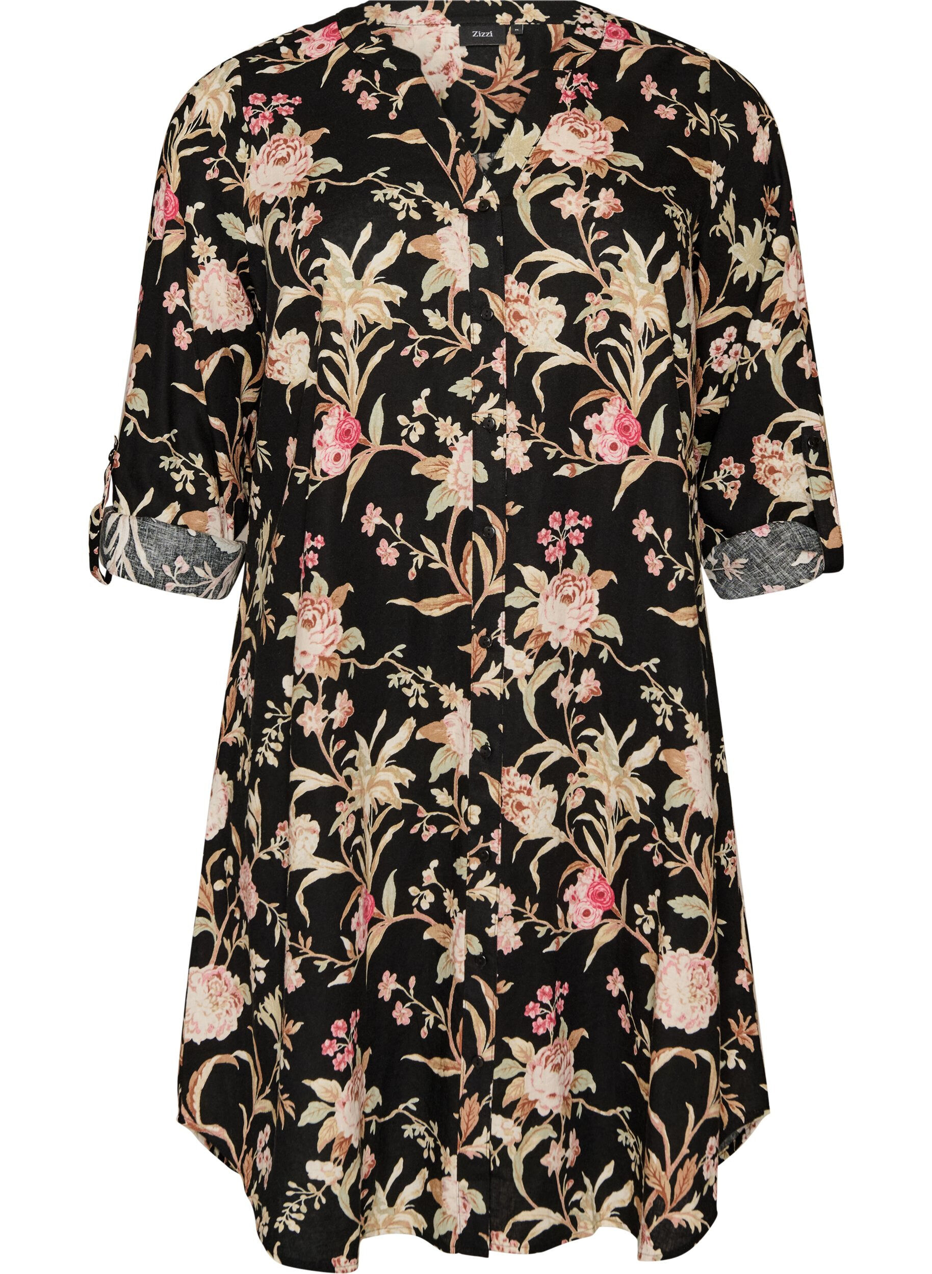 ZizziLang shirt in linnen en viscose, Zwart, Packshot image number 0