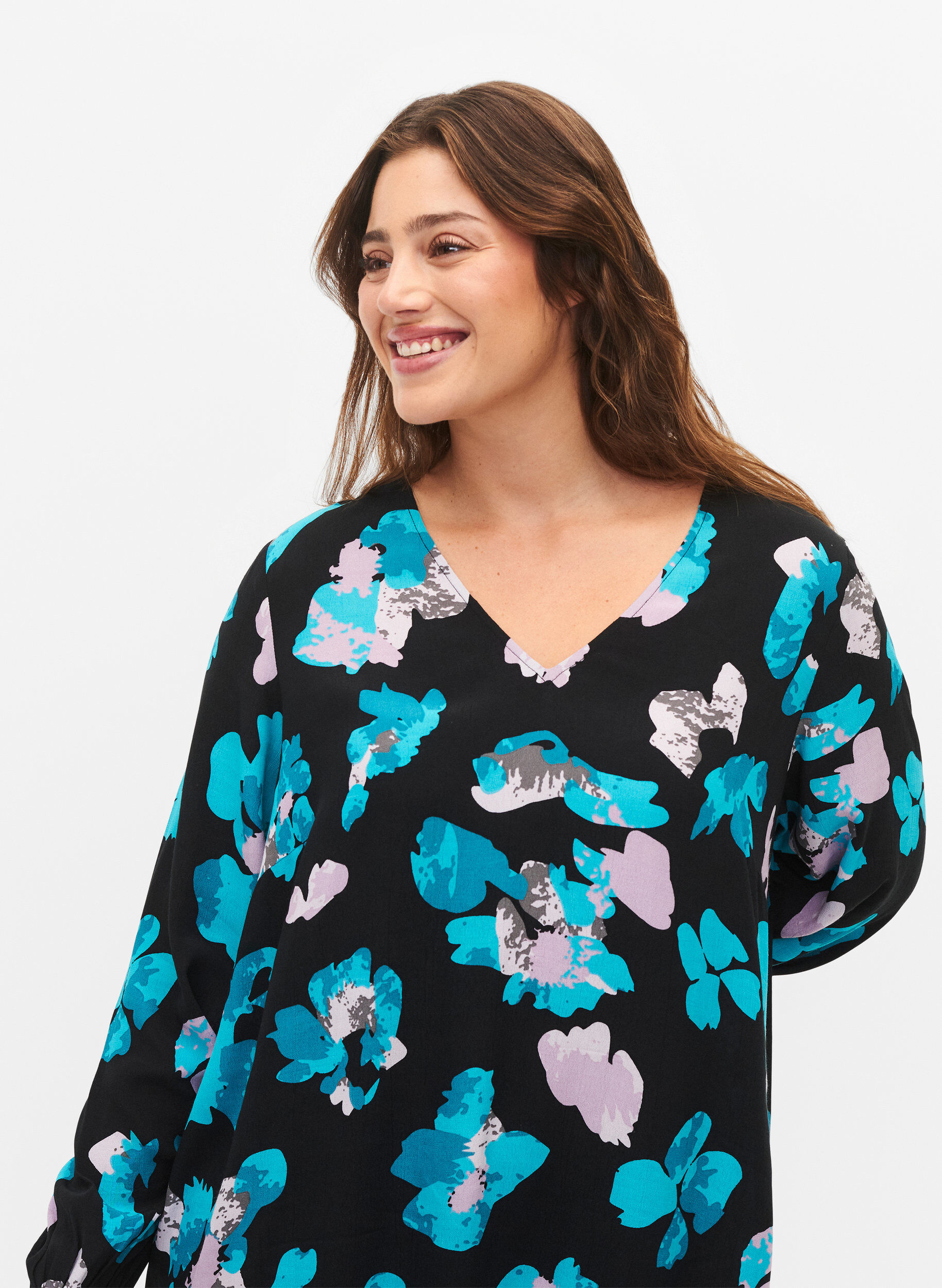 Zizzi Viscose jurk met lange mouwen en print, Blue AOP, Model image number 2