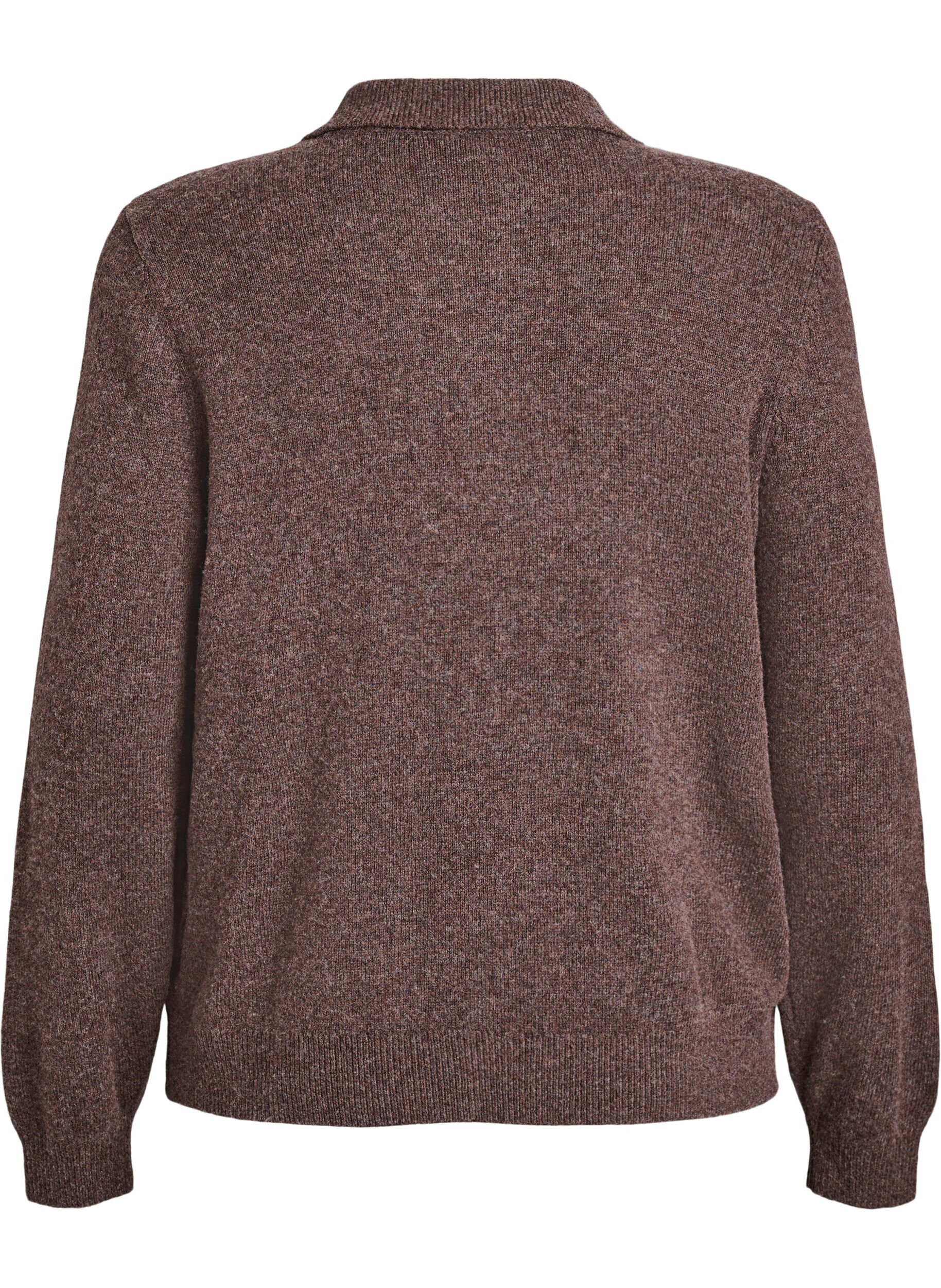 Zizzi Gebreide blouse in een zachte merinoblend met polokraag, Bruin, Packshot image number 1