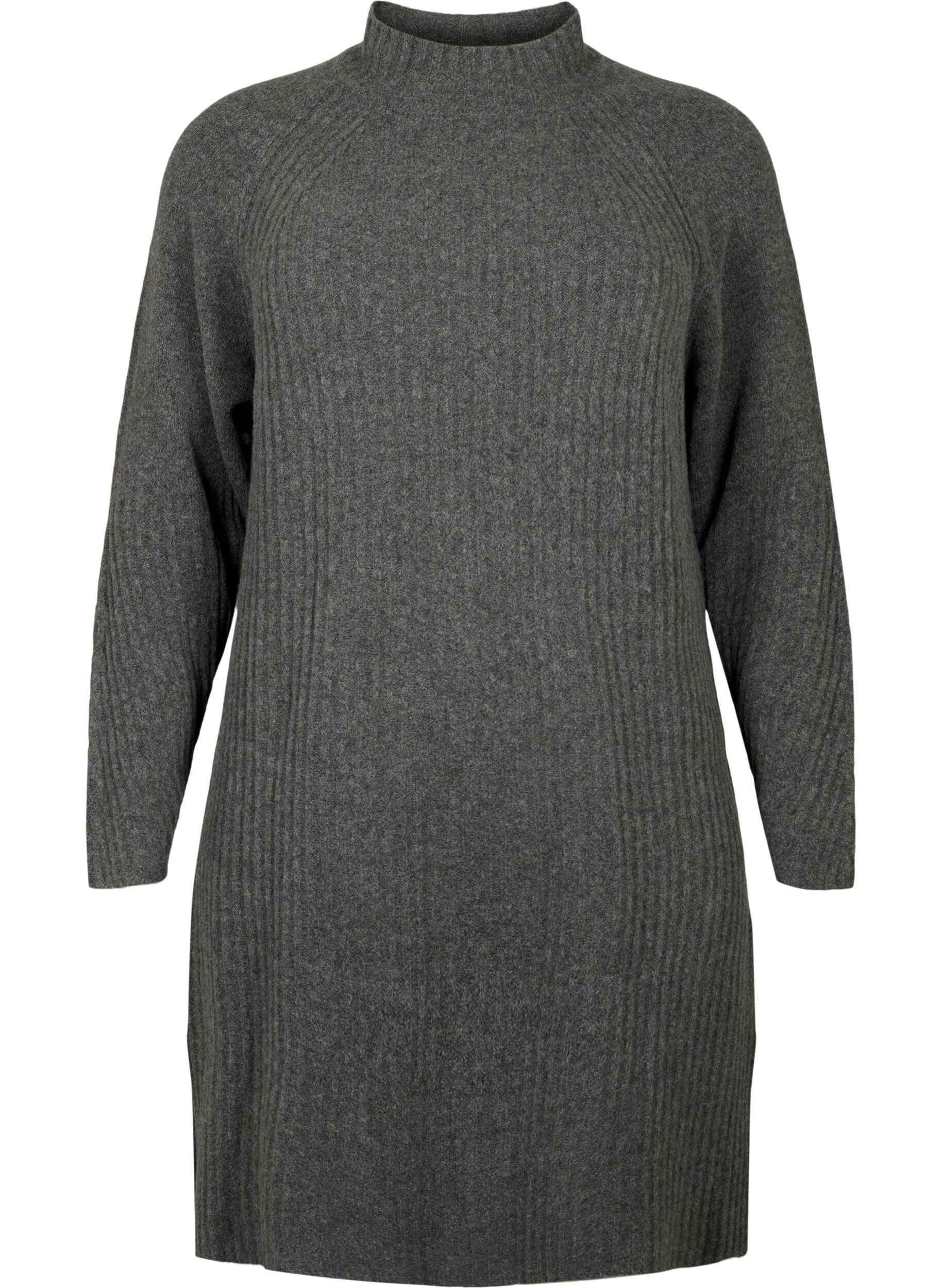 Zizzi Ribbed Knit Dress met col, Dark Grey Melange, Packshot image number 0