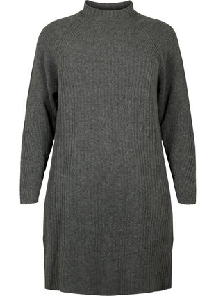 Ribbed Knit Dress met col, Dark Grey Melange, Packshot image number 0