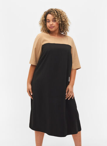 Viscose midi-jurk met colour-block, Black Comb, Model image number 0
