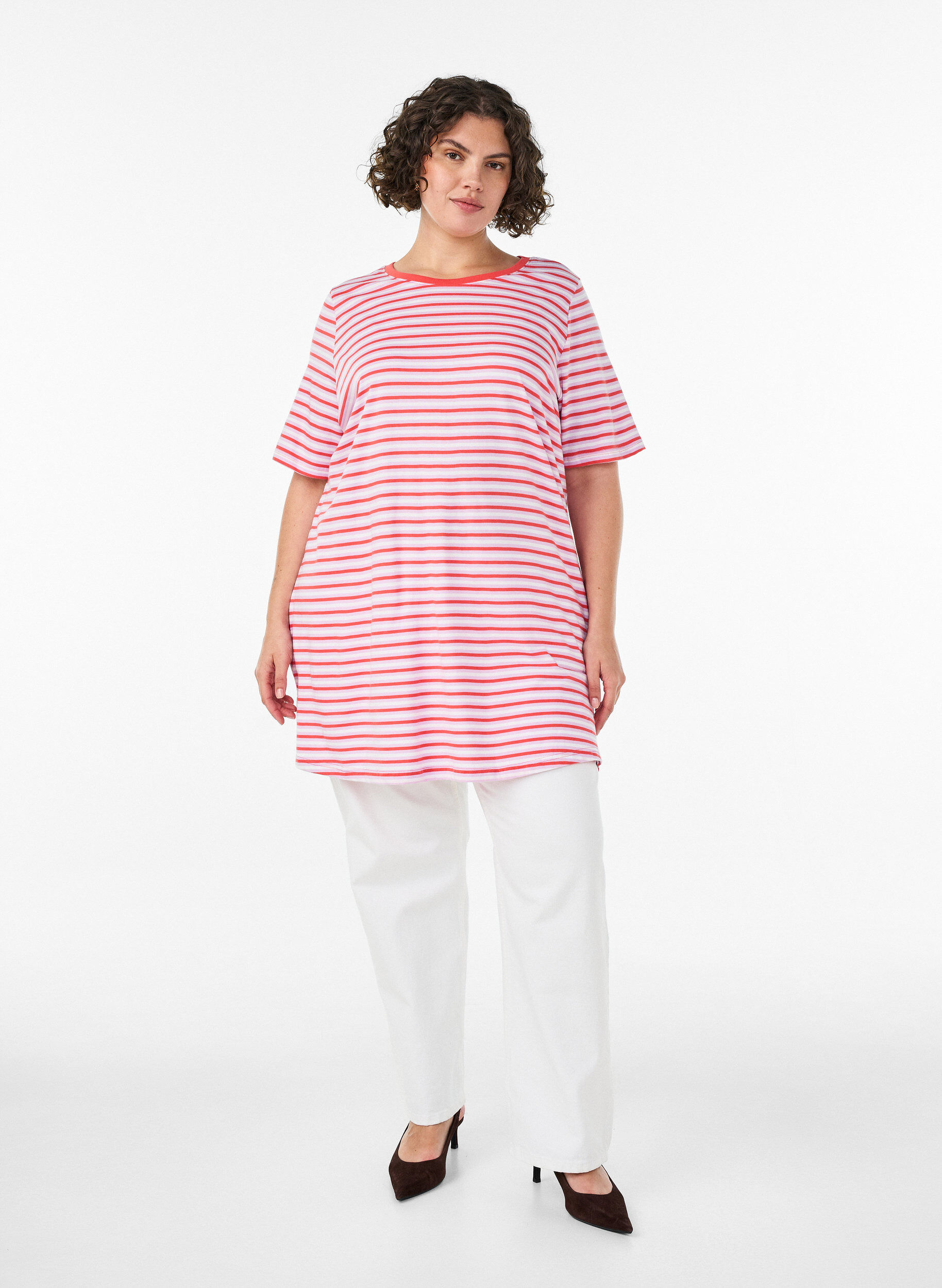 ZizziLang oversized gestreept T-shirt in biologische katoen, Paars, Model image number 1