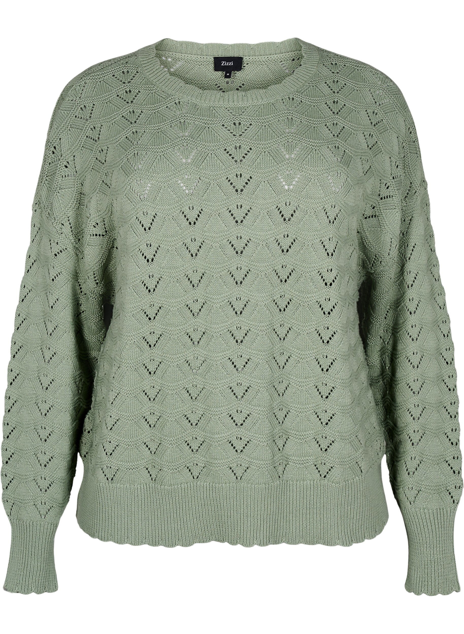 Zizzi Gebreide blouse met lange mouwen en een opengewerkt patroon, Green Bay, Packshot image number 0