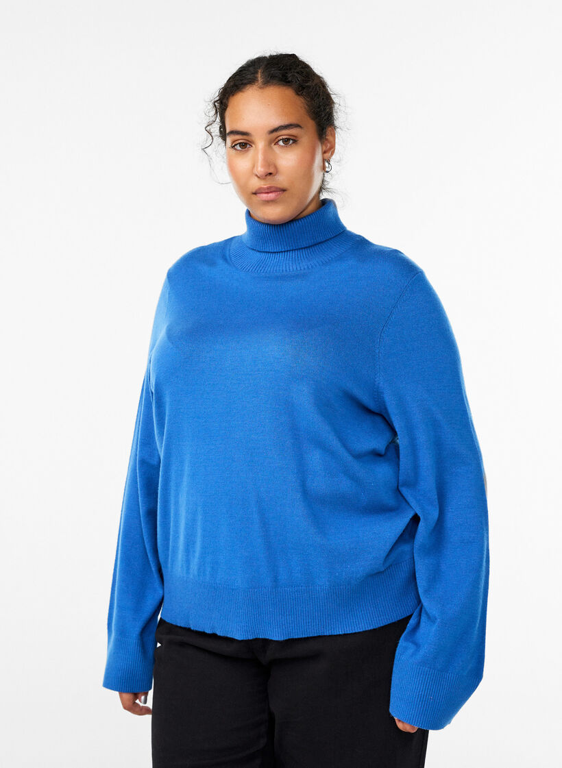 Gebreide blouse met col en knopen aan de zijkant, Blauw, Model image number 0