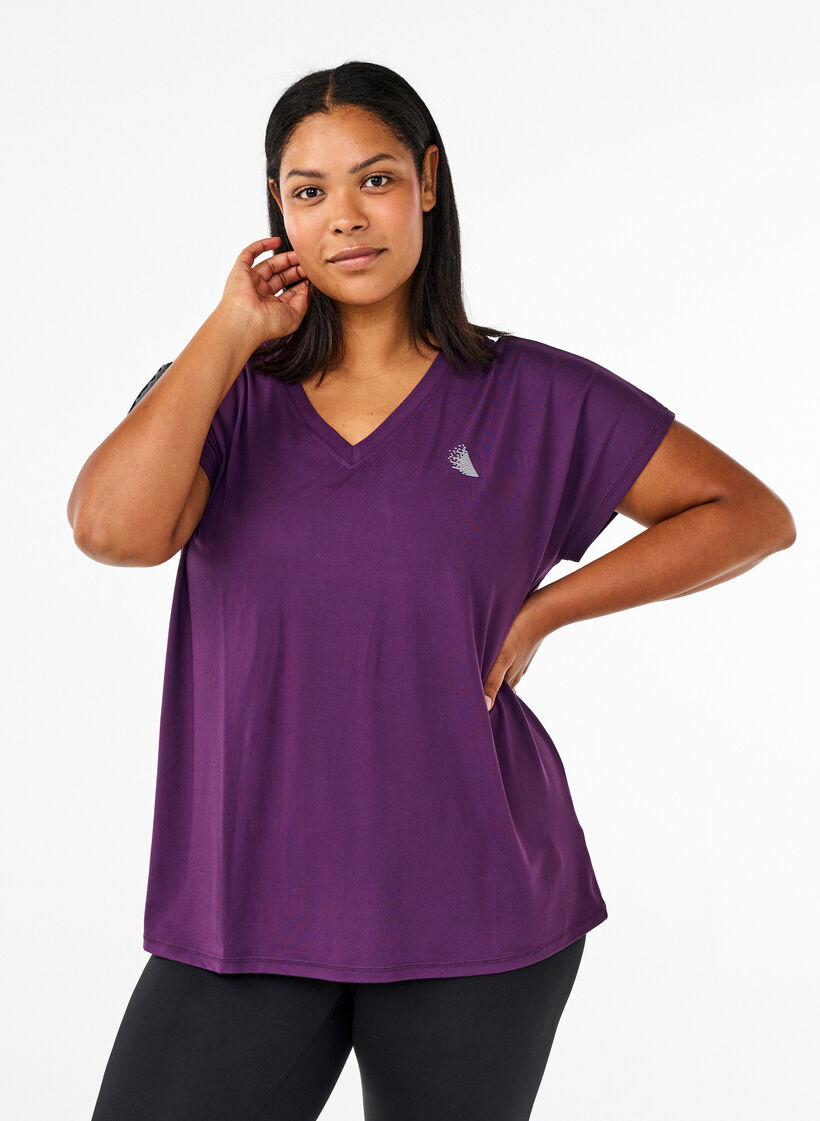 Losvallend trainings-T-shirt met V-hals, Paars, Model image number 0