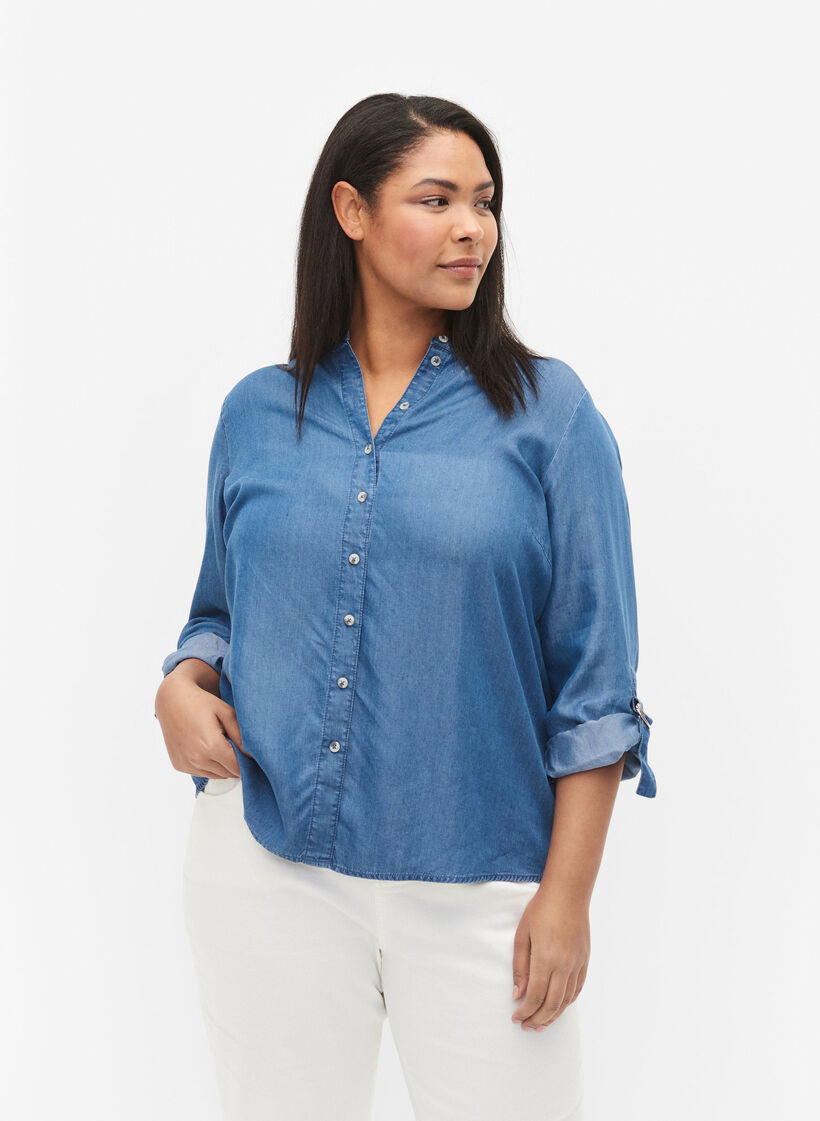 Overhemd met 3/4-mouwen en ronde hals, Medium Blue Denim, Model