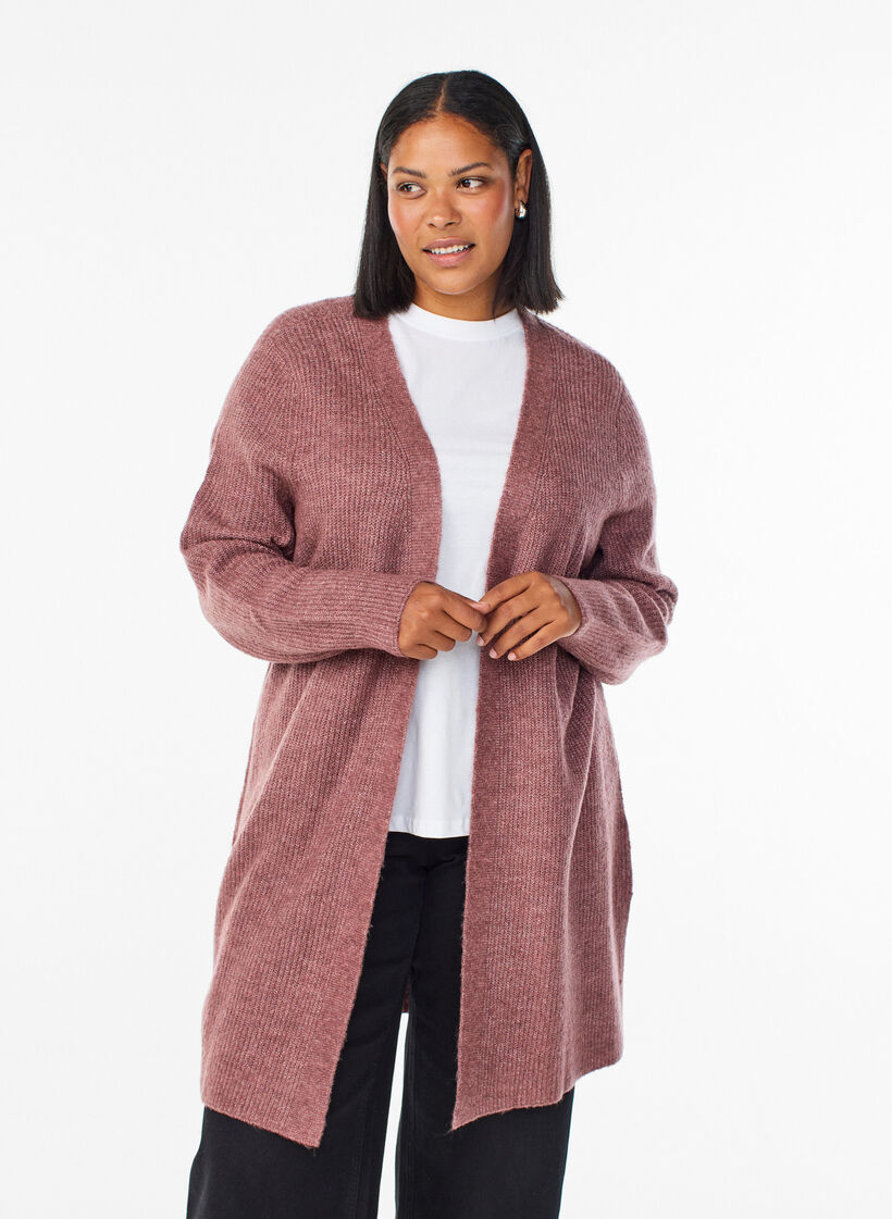 Lange geribde cardigan met een open voorkant, Roze, Model image number 0