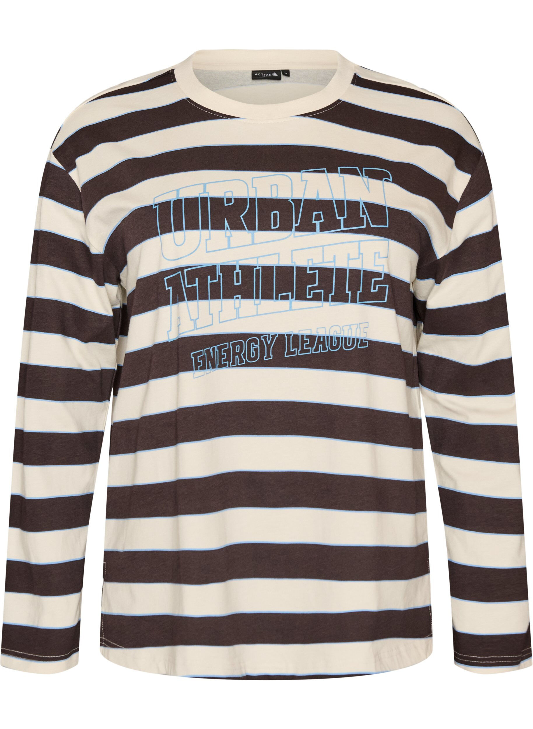 ZizziGestreepte jerseyblouse met een sportieve tekstprint, Bruin, Packshot image number 0