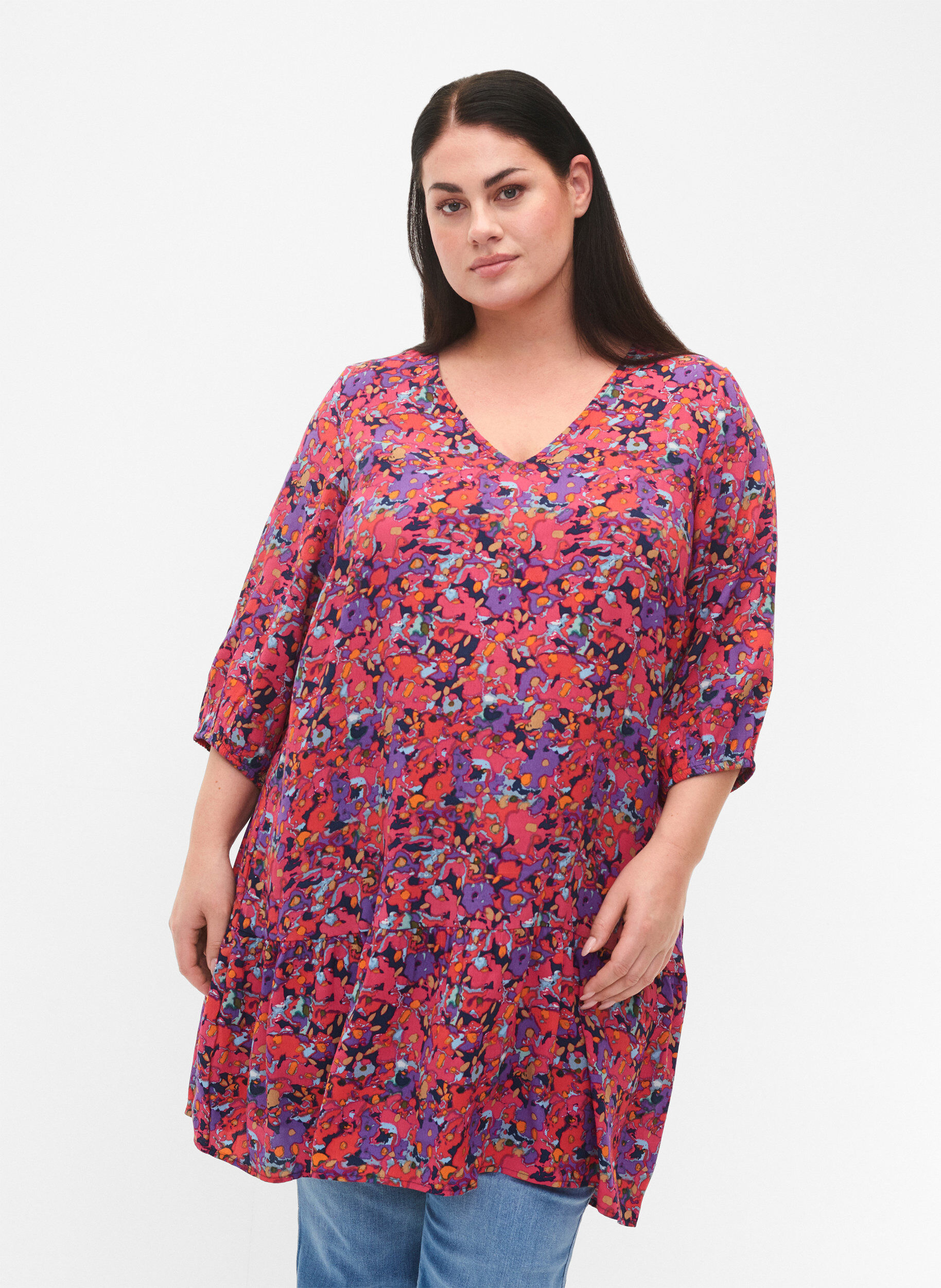 Zizzi Viscose tuniek met A-lijn snit, Pink Small FL. AOP, Model image number 0