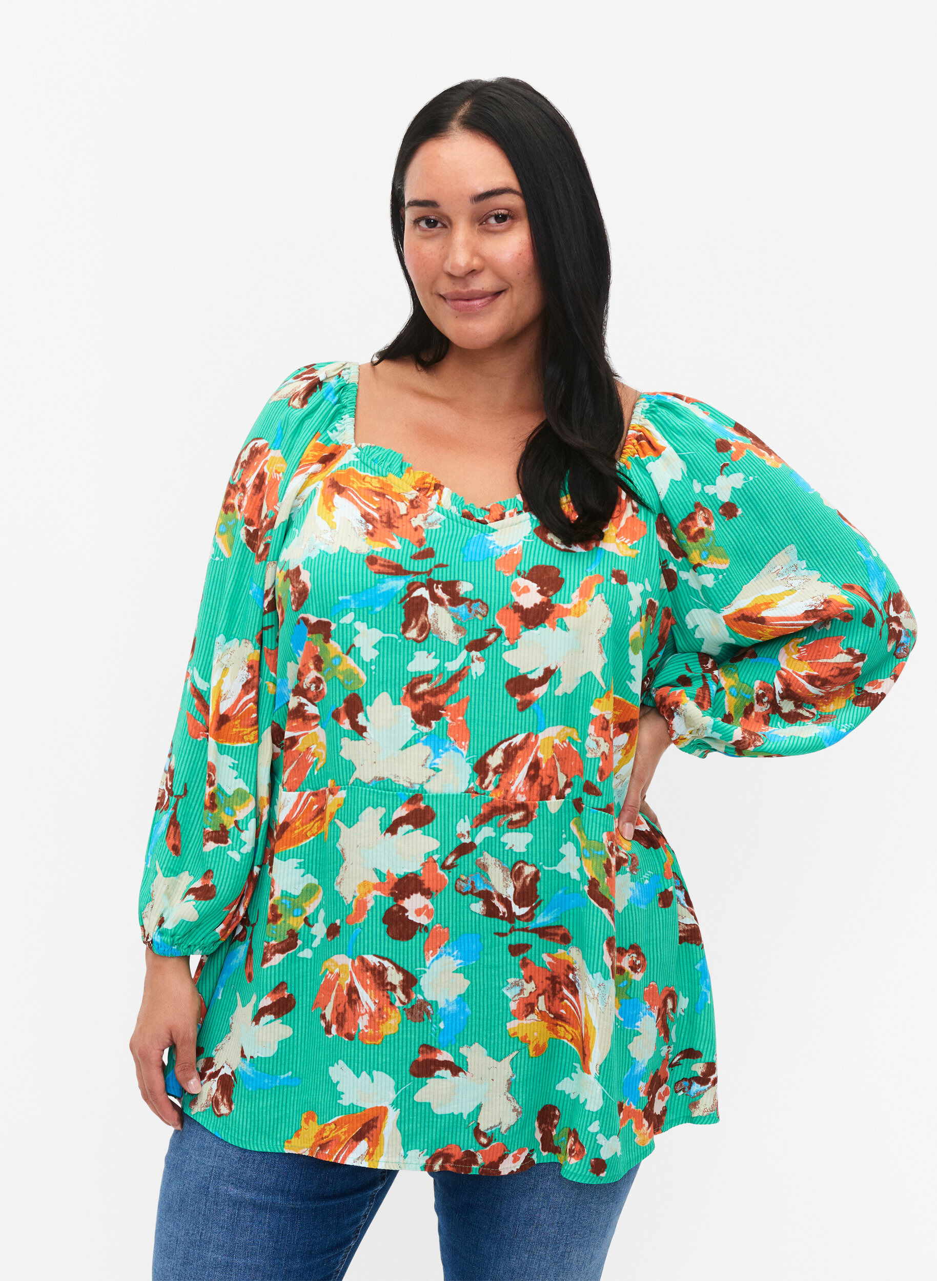 Bedrukte viscose blouse met 3/4 mouwen, Groen, Model