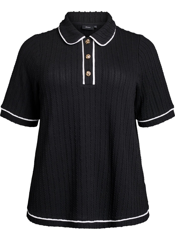 Jersey poloshirt met textuur en contrasterende biezen, Zwart, Packshot image number 0