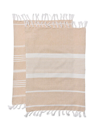 2-pack gestreepte handdoek met franjes, 2-Pack Beige, Packshot image number 1