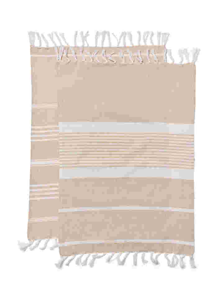 2-pack gestreepte handdoek met franjes, 2-Pack Beige, Packshot image number 1