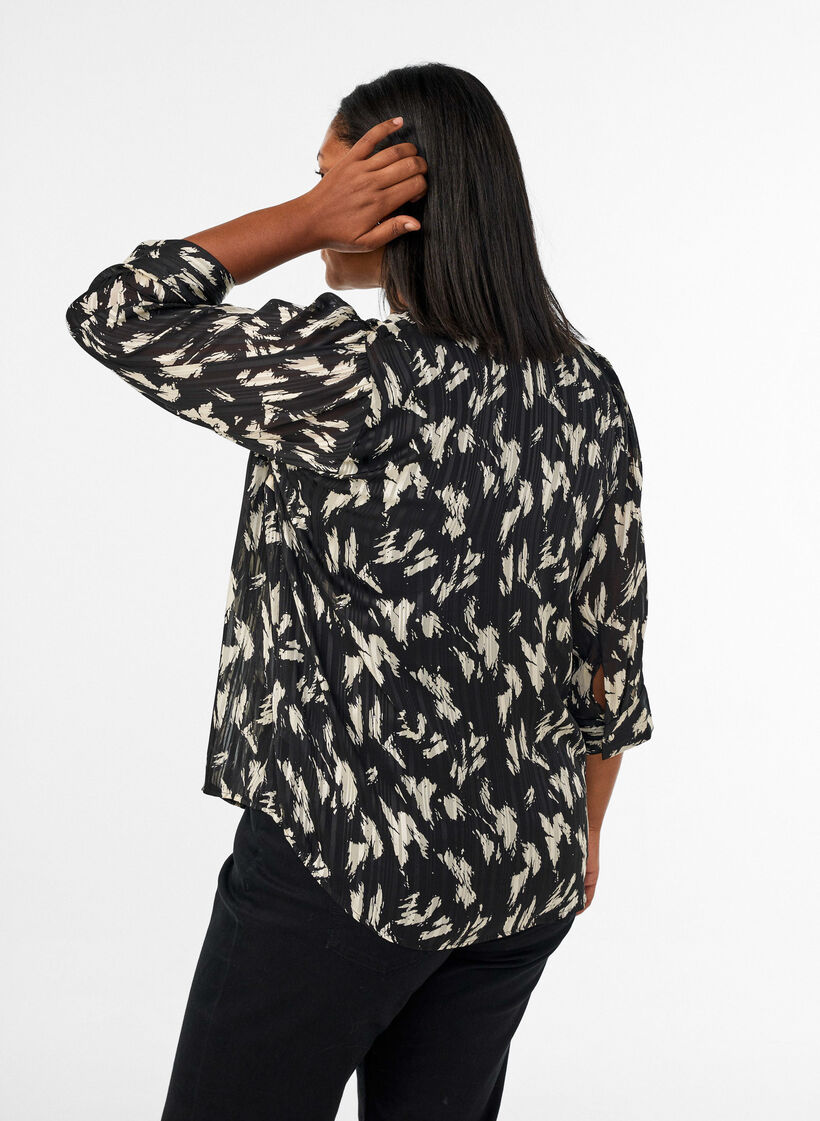 Blouse met patroon, opstaande kraag en 3/4-mouwen, Zwart, Model image number 2