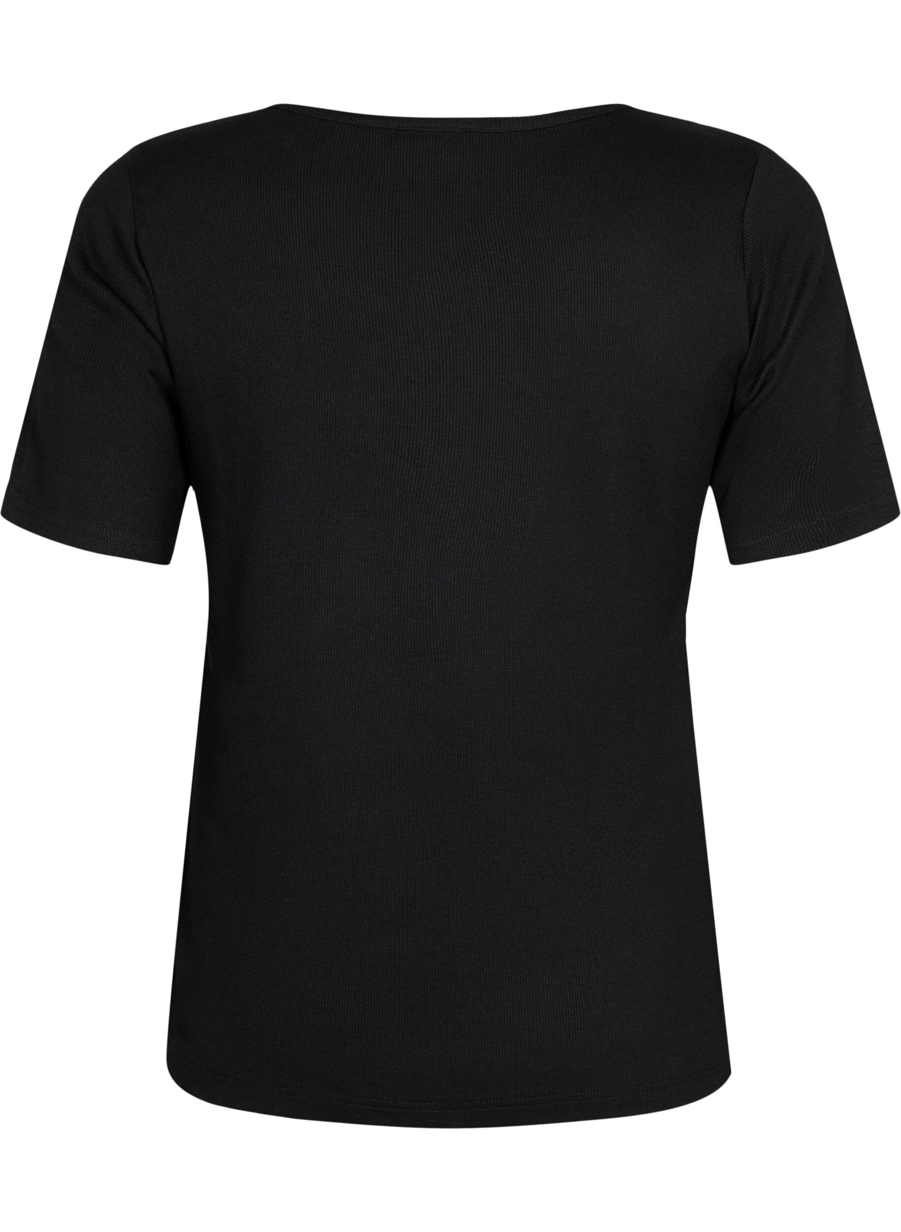 Zizzi Katoenen blouse met korte mouwen in ribstof, Black, Packshot image number 1