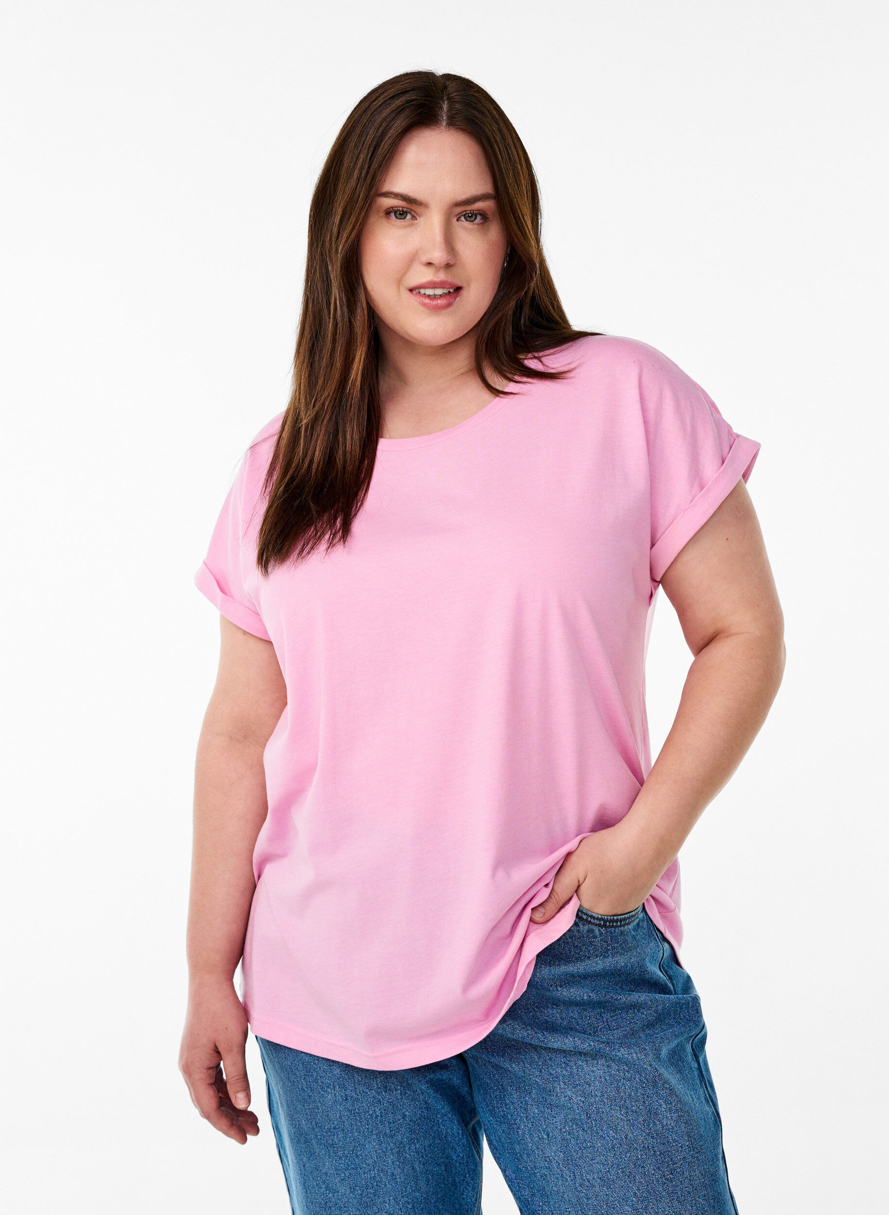 Zizzi T-shirt met korte mouwen van katoenmix, Roze, Model image number 0