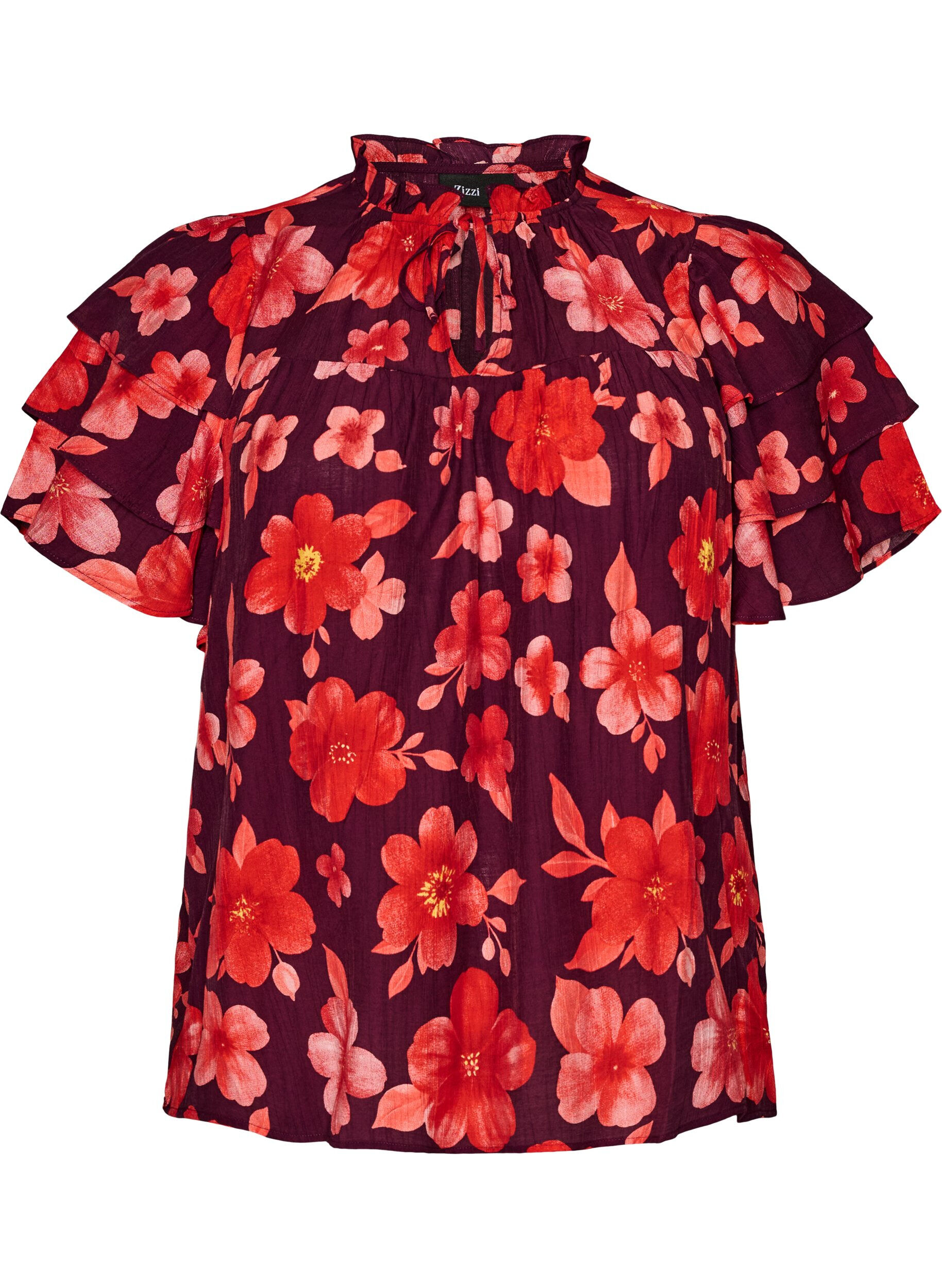 ZizziFloral viscose blouse met ruches mouwen, Paars, Packshot image number 0