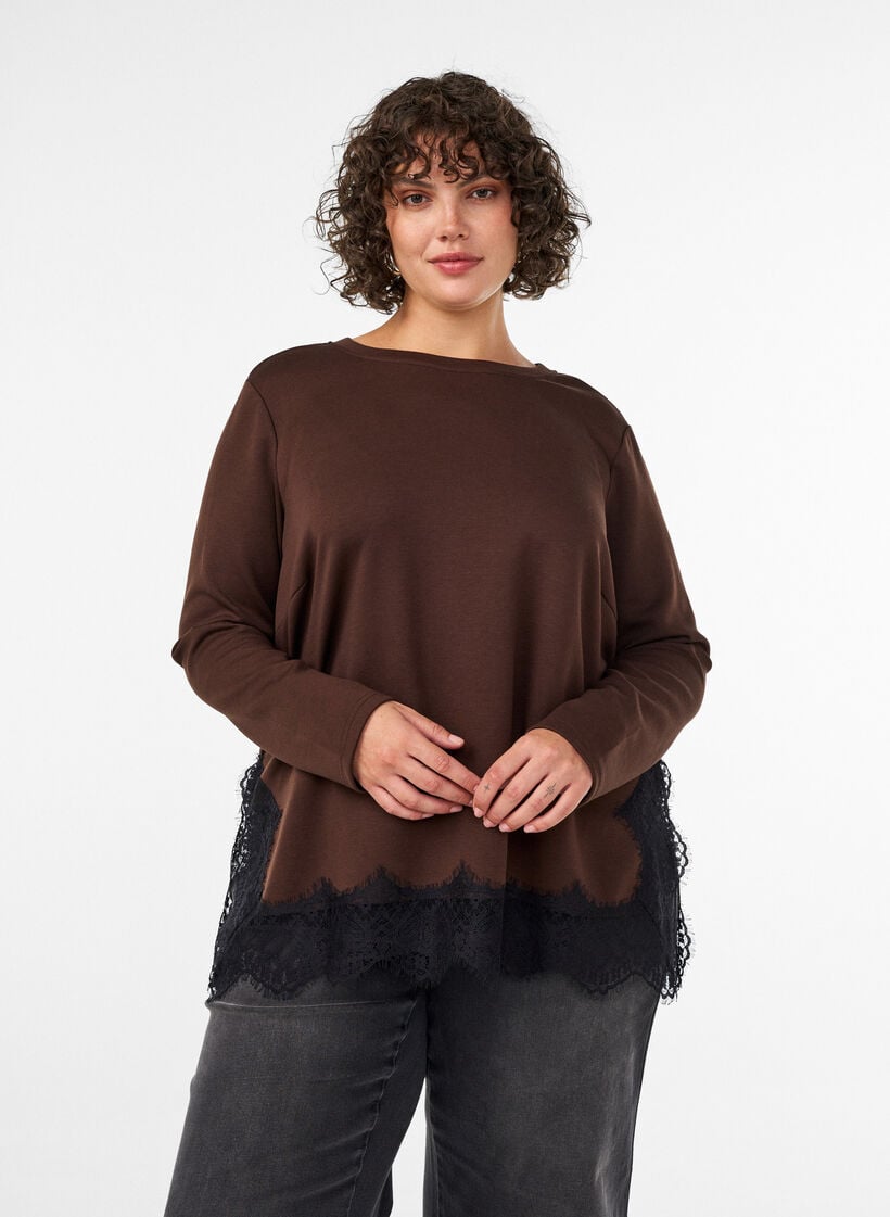 Jersey blouse met kanten rand, Bruin, Model image number 0