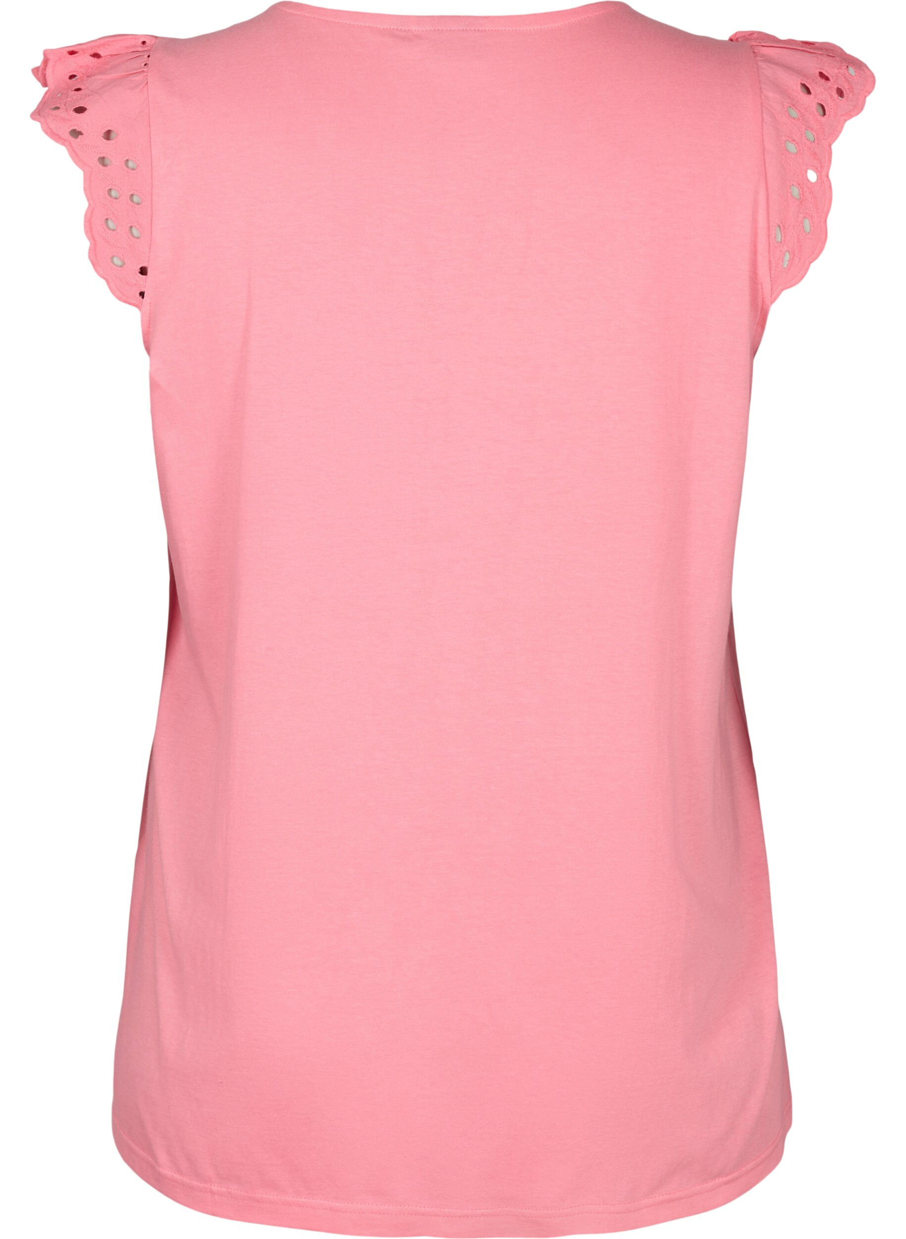 Zizzi T-shirt van biologisch katoen met broderie anglaise, Strawberry Pink , Packshot image number 1