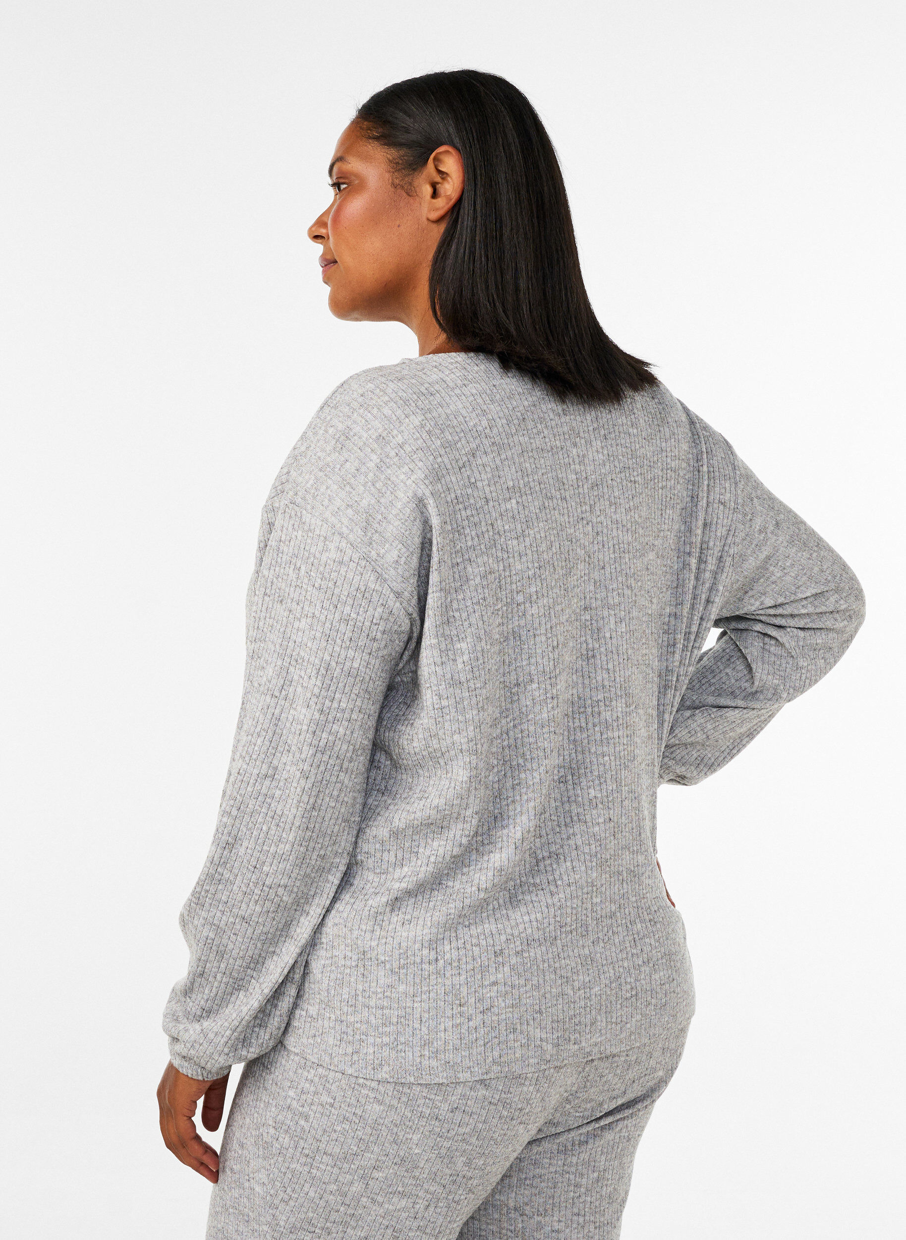 ZizziJersey blouse met geribde textuur en V-hals, Grijs, Model image number 2