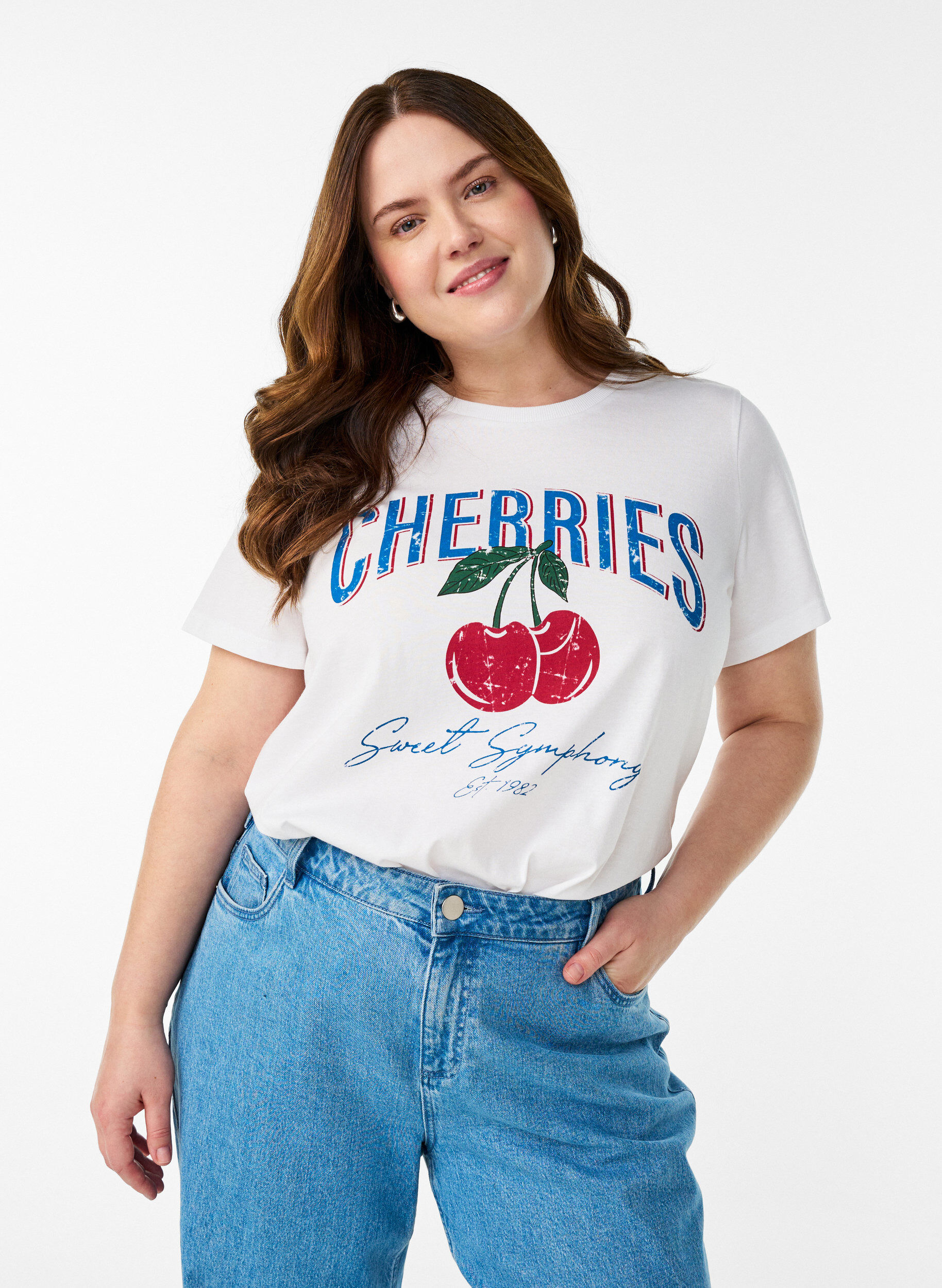 Zizzi Katoenen T-shirt met fruitprint en tekst, Wit, Model image number 0