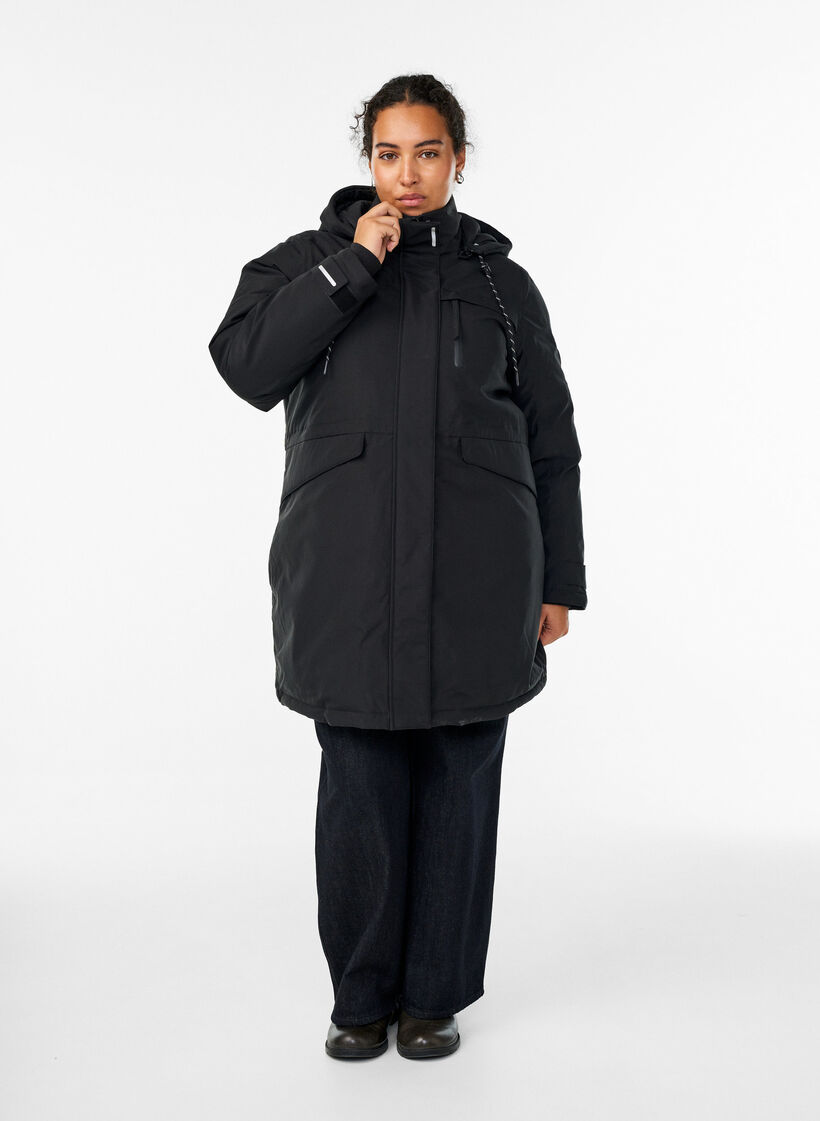 Waterafstotende parka met capuchon en functionele details, Zwart, Model image number 1