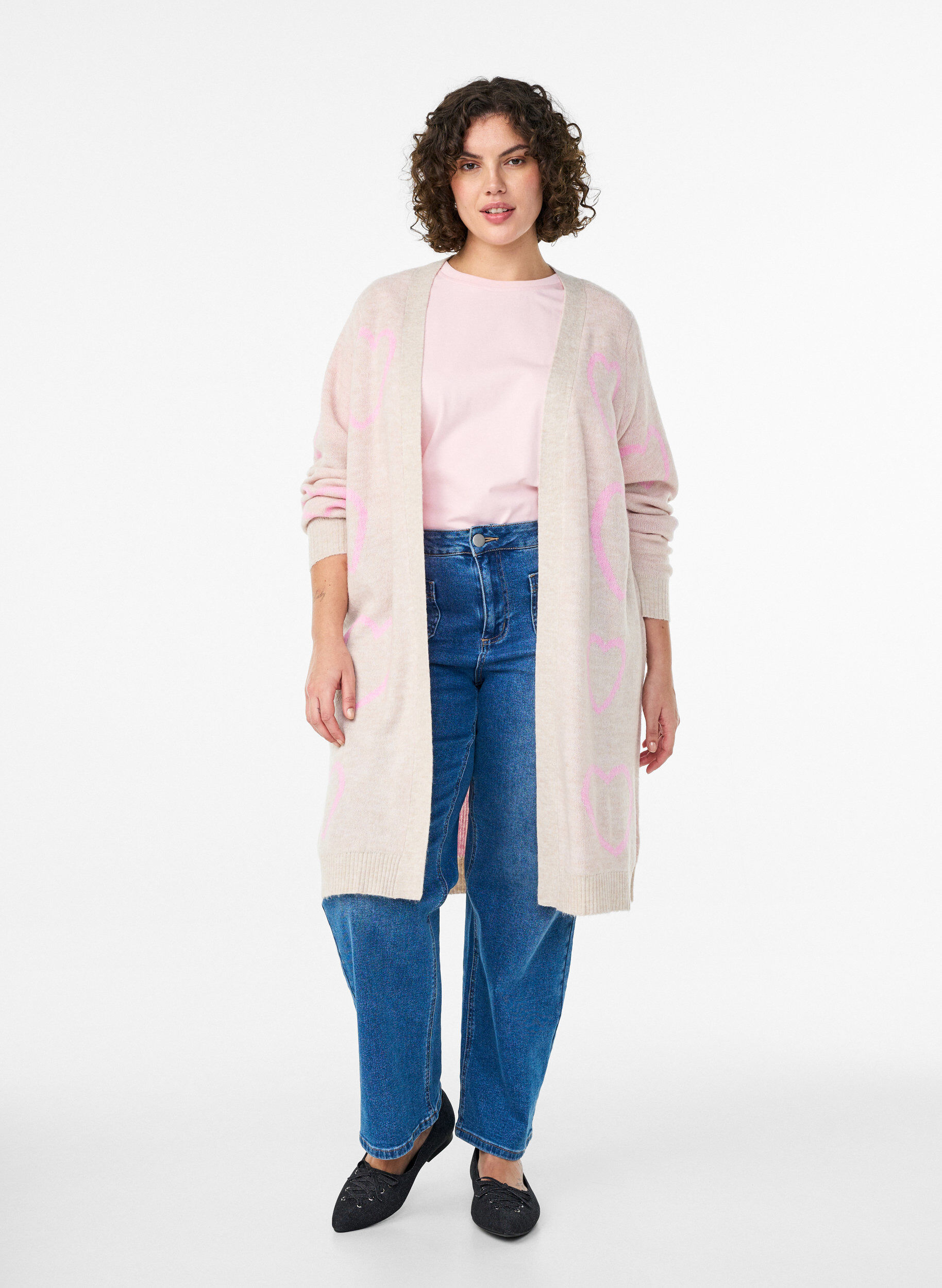 Zizzi Lange cardigan met ton-sur-ton harten, Beige, Model image number 1
