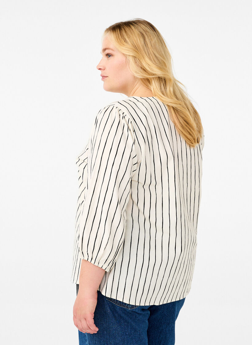 Katoenen blouse met 3/4 mouwen en strepen, Eggnog Black Stripe, Model image number 1