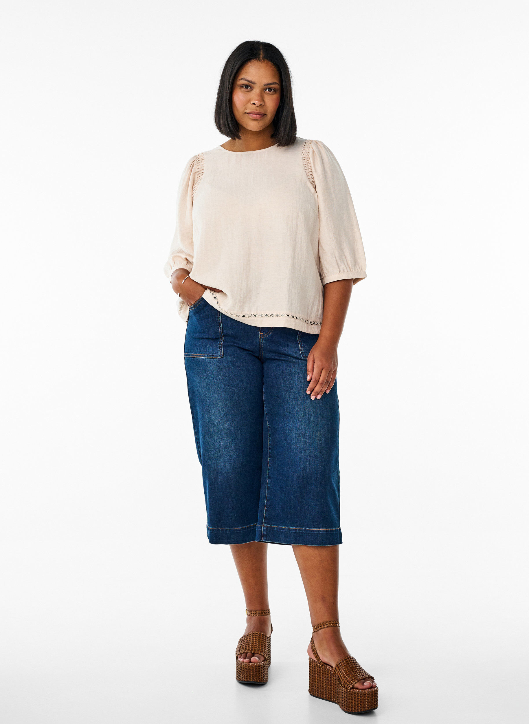 Zizzi Viscosemix blouse met linnen en geplooide schouders, Oranje, Model image number 1