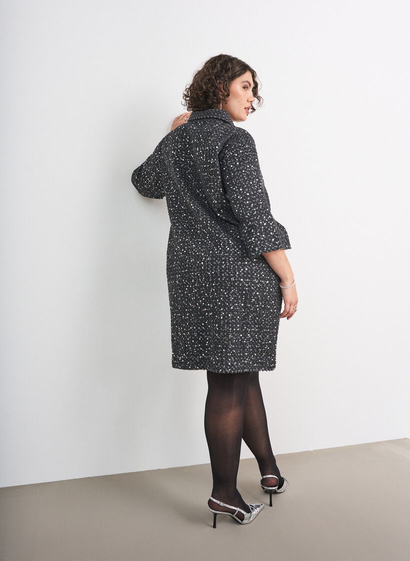 Denim jurk met pailletten en 3/4-mouwen, Zwart, Model image number 2