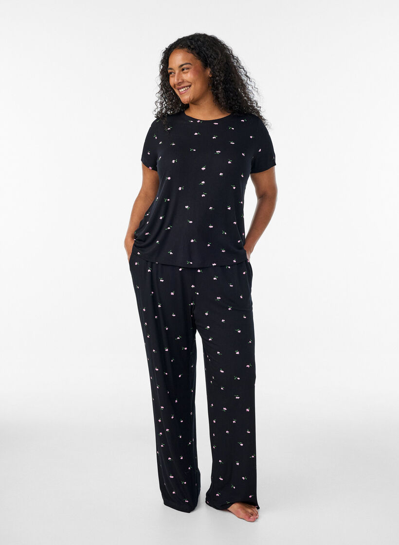 Pyjama top met bloemenprint en geribde textuur, Zwart, Model image number 1
