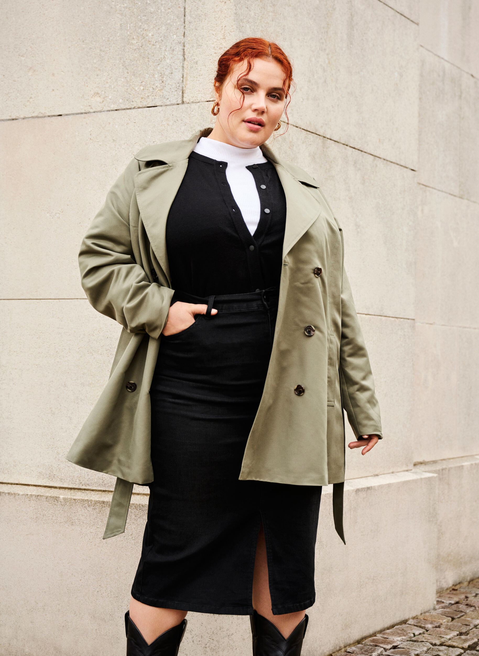 Zizzi Korte trenchcoat met riem, Groen, Image image number 0