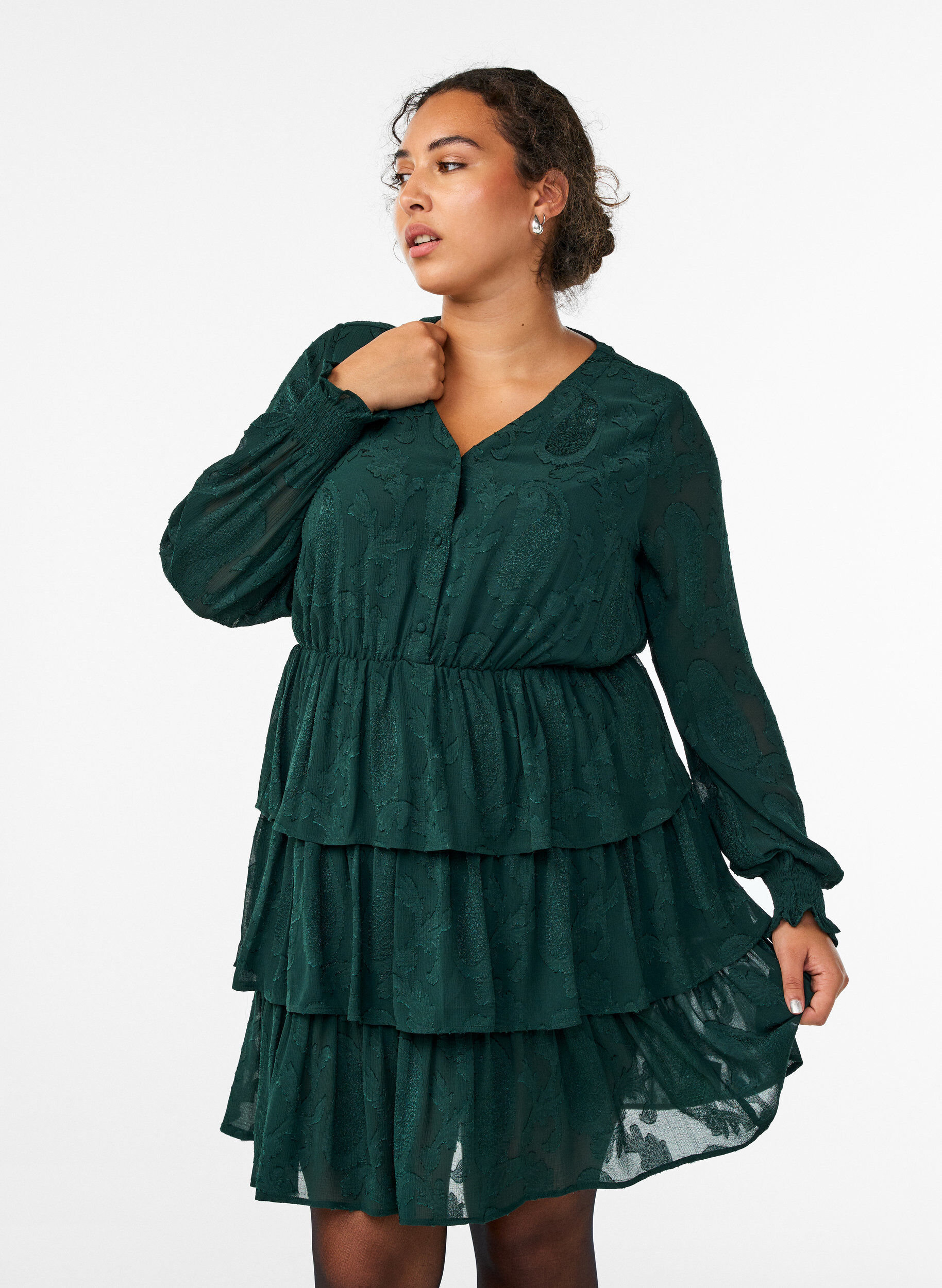 ZizziKorte jurk met ruches en een textuurpatroon, Groen, Model image number 0