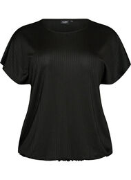 Jersey blouse met gestructureerde strepen en een gesmokte zoom, Zwart