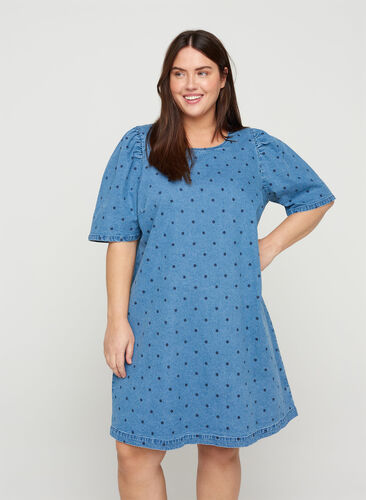 Gestippelde denim jurk met korte pofmouwen, Blue denim w. Dot, Model image number 0
