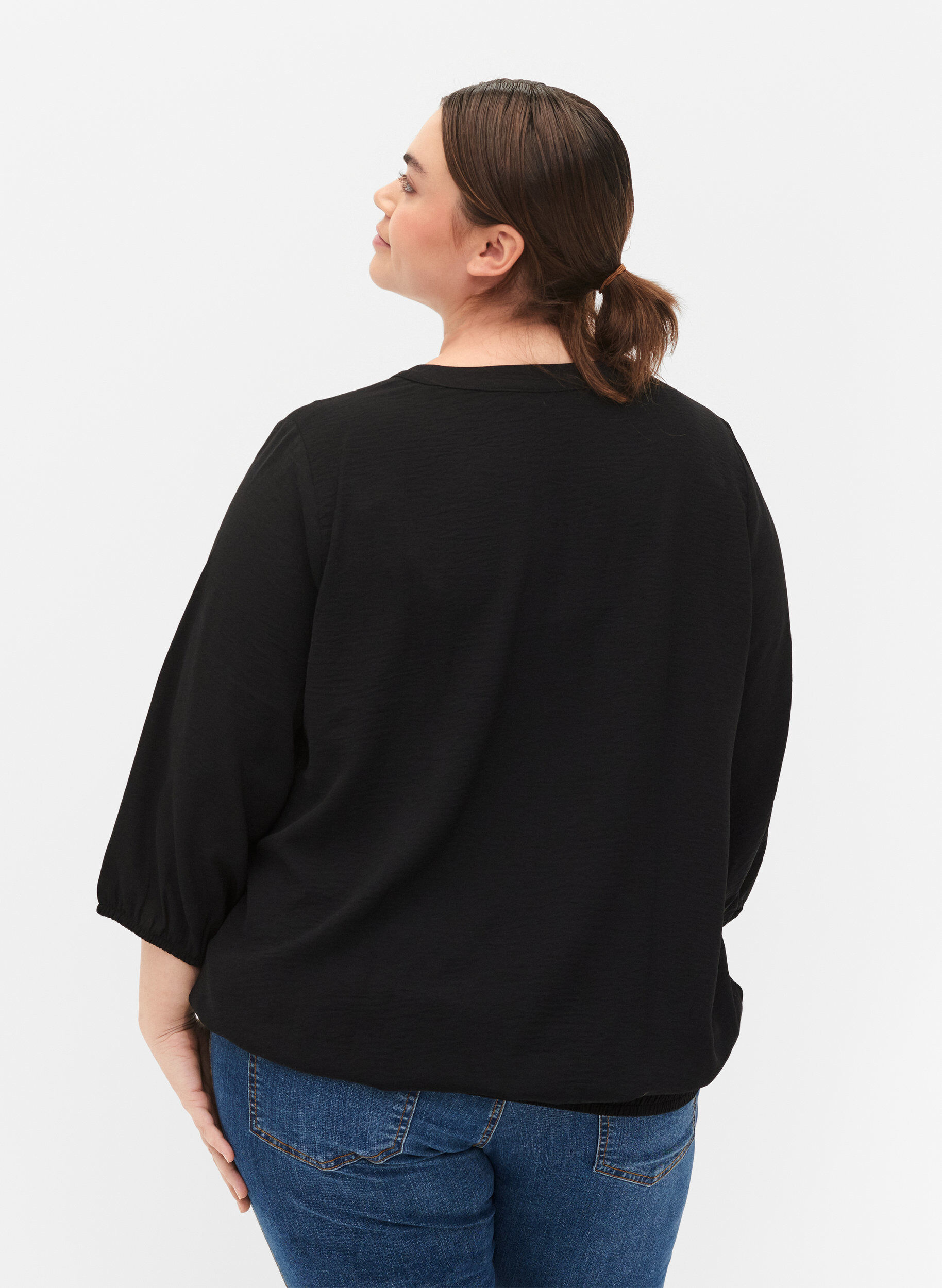 Zizzi Blouse met smok en 3/4 mouwen, Black, Model image number 1