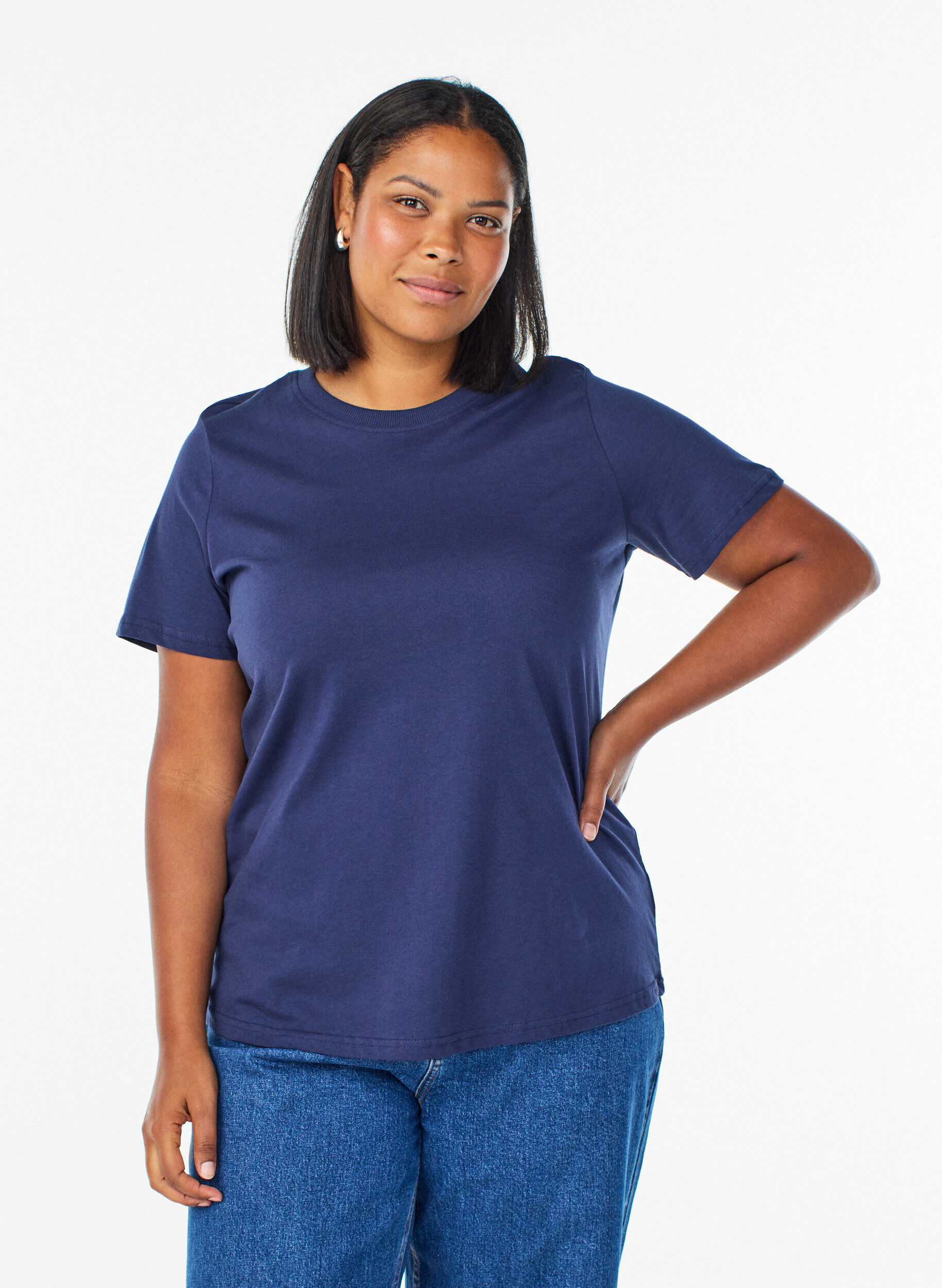Zizzi Basic katoenen T-shirt met ronde hals, Blauw, Model image number 0