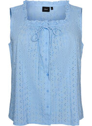 Mouwloze blouse met broderie anglaise en ruches, Blauw