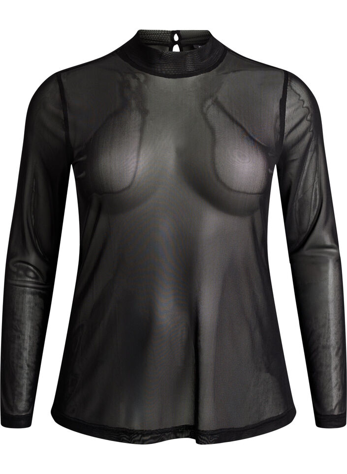 Getailleerde blouse van mesh met lange mouwen, Zwart, Packshot