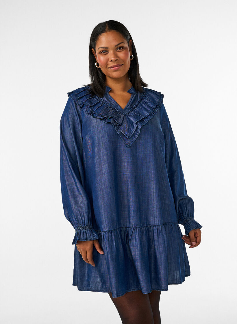 Korte jurk in denimlook met ruches, Blauw, Model image number 0