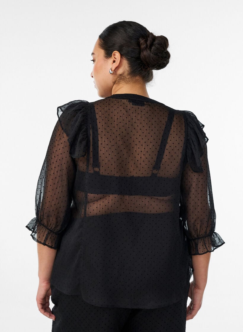 Transparante blouse met stippen en ruchesdetails, Zwart, Model image number 2
