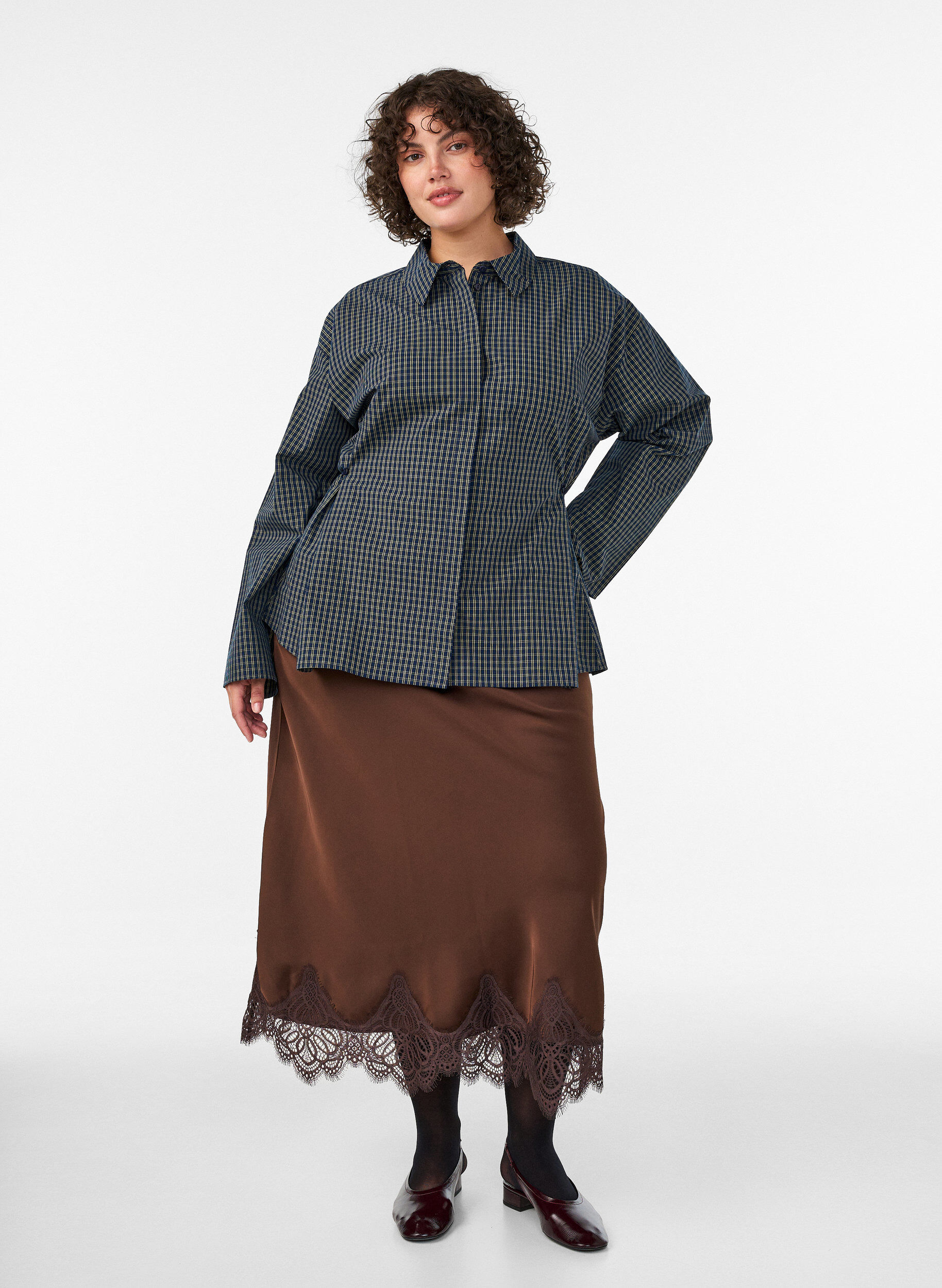 ZizziKatoenen overhemd met ruitpatroon en onzichtbare knoopsluiting, Blauw, Model image number 1