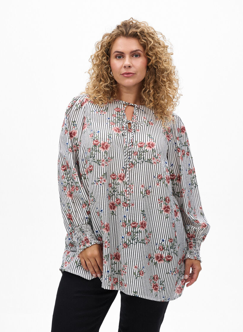 Blouse met bloemenprint en strikdetail, Zwart, Model image number 0