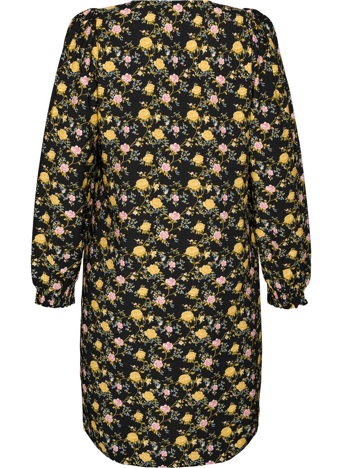 Jurk van viscose met patroon en lange mouwen, Zwart, Packshot image number 1