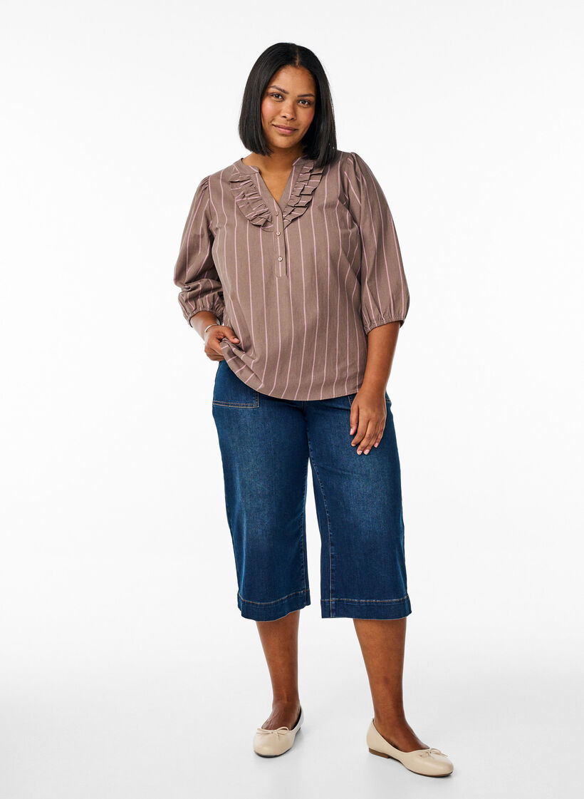 3/4 mouw blouse in katoen met strepen, Bruin, Model image number 1